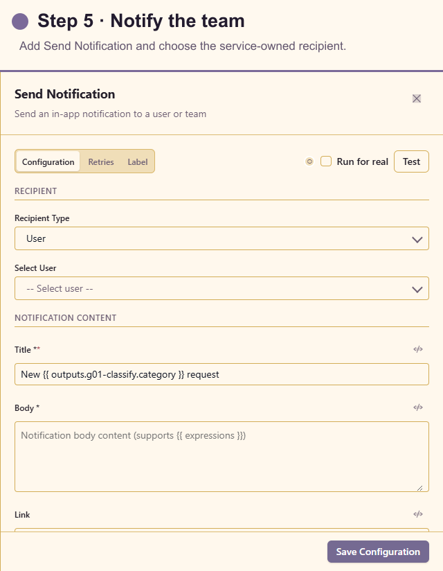 Send Notification configuration for the service team