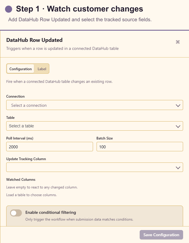 DataHub Row Updated trigger configuration for customer changes