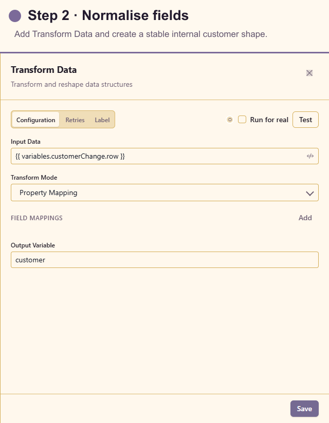 Transform Data configuration for customer fields