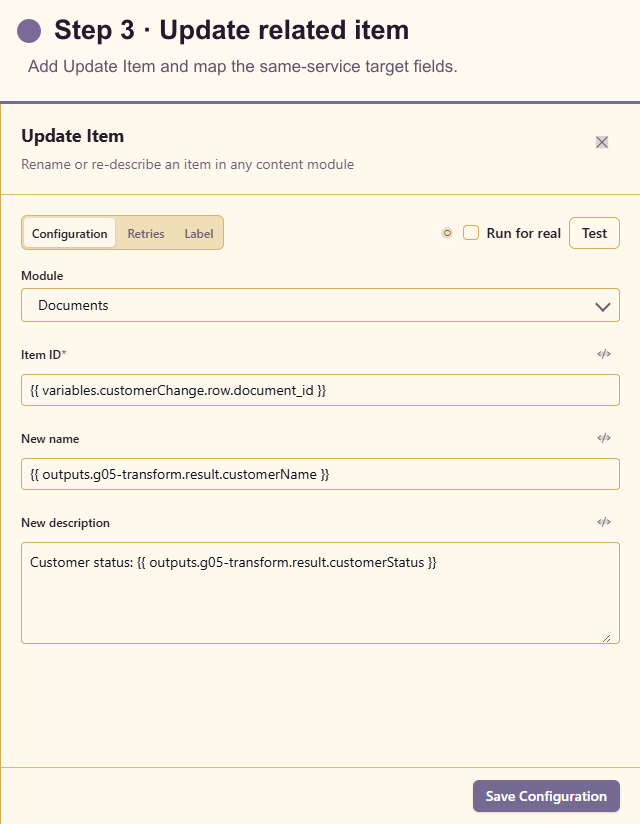 Update Item configuration for the related service item