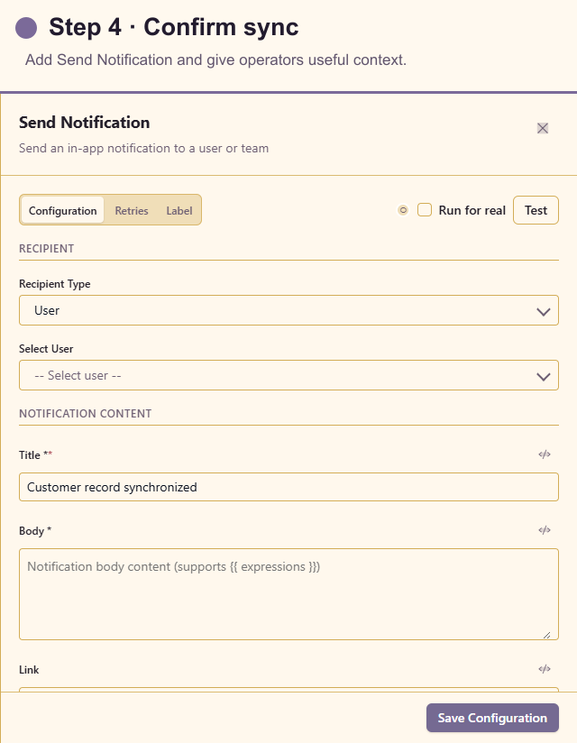 Send Notification configuration for the sync confirmation