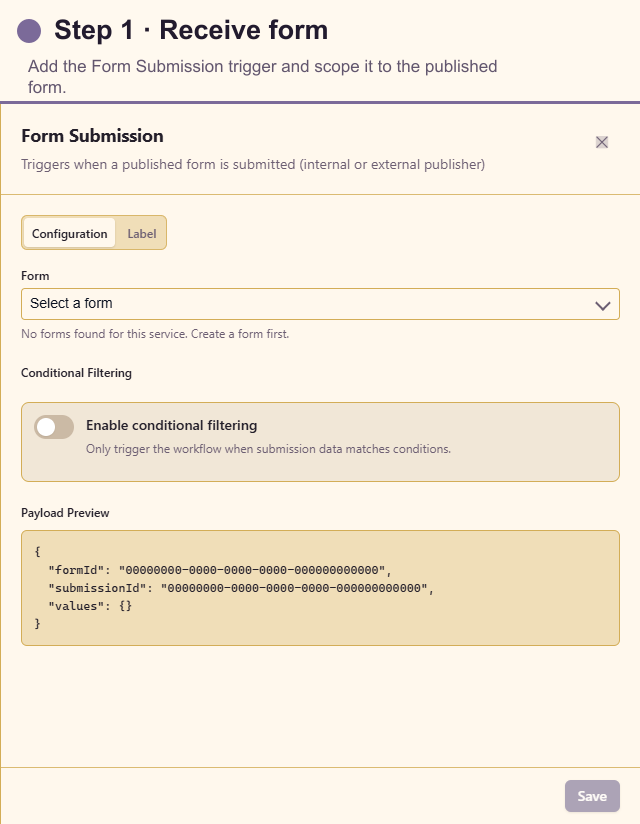 Form Submission trigger configuration for the review workflow