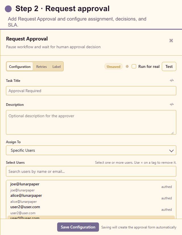 Request Approval configuration for the form decision