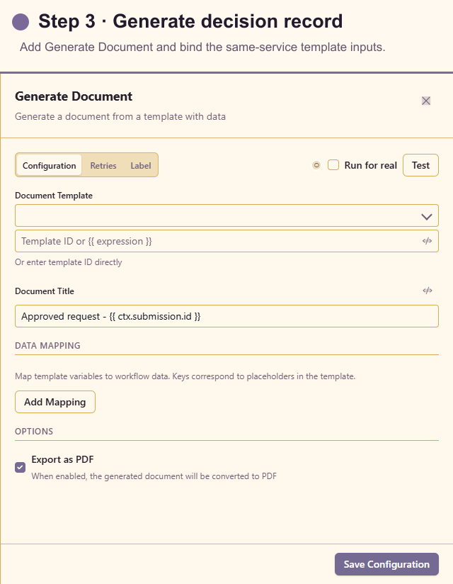 Generate Document configuration for the decision record