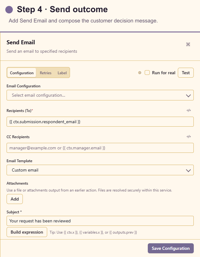 Send Email configuration for the form outcome