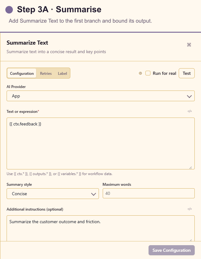 Summarize Text configuration for the feedback summary