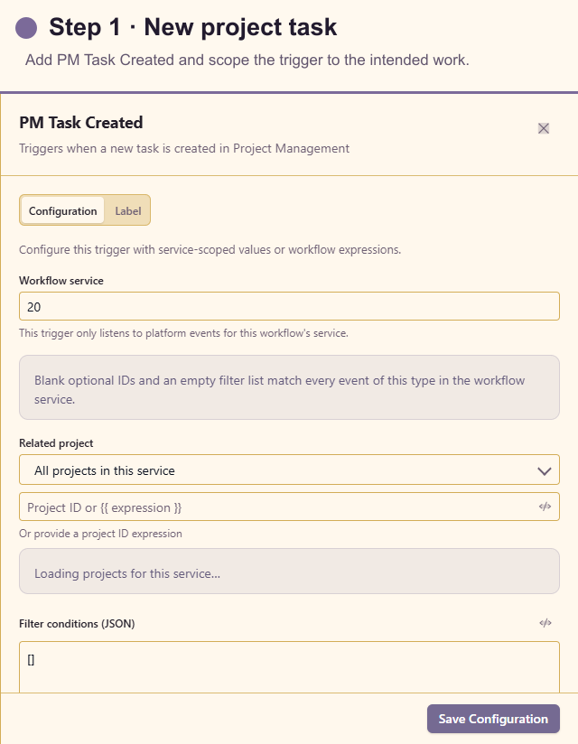 PM Task Created trigger configuration for project kickoff