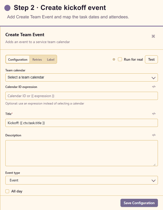 Create Team Event configuration for the kickoff