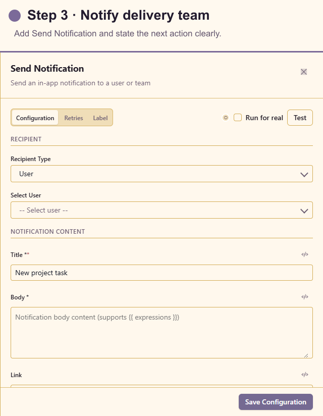 Send Notification configuration for the delivery team