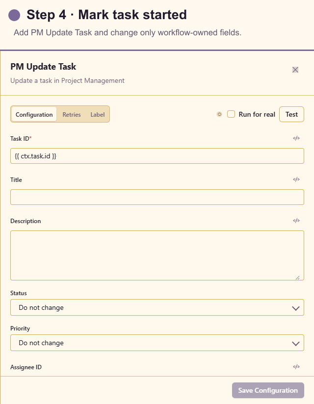PM Update Task configuration for marking work in progress