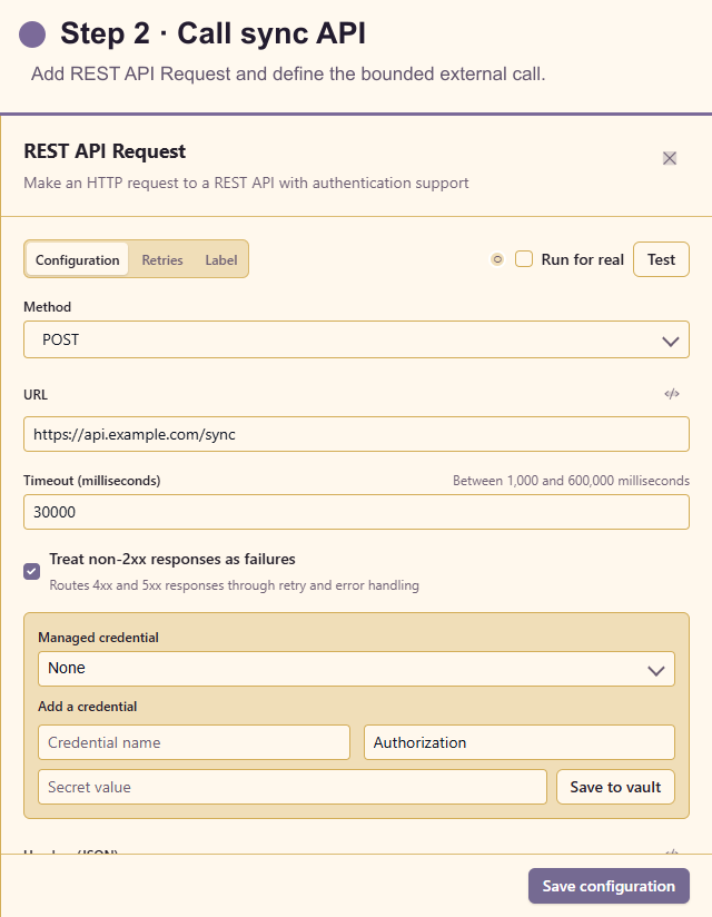 REST API Request configuration for the sync call