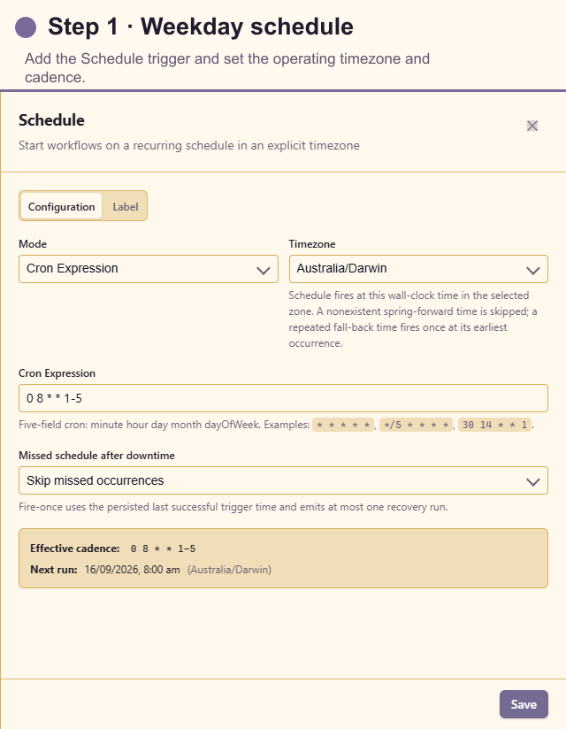 Schedule trigger configuration for the weekday digest
