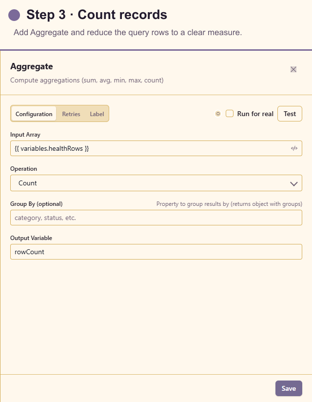 Aggregate configuration for counting health records