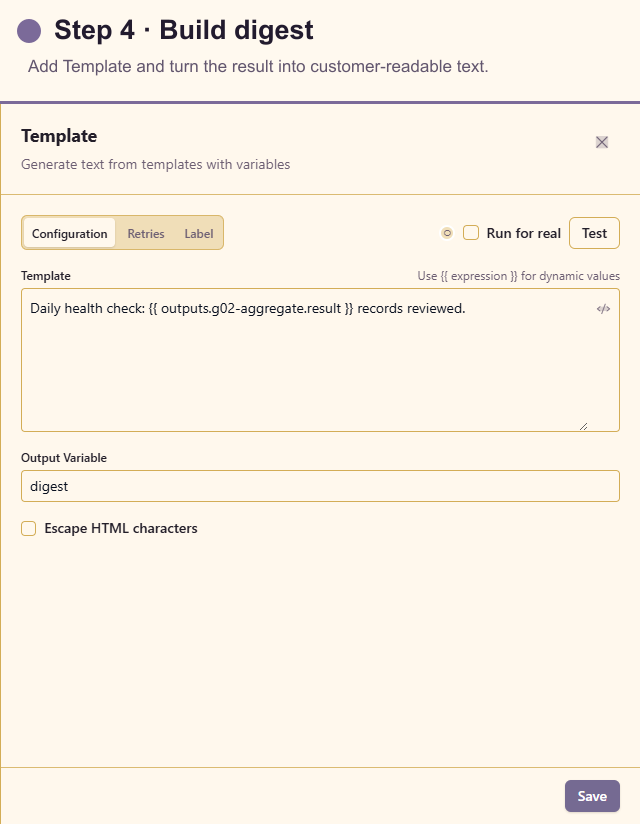 Template configuration for the digest message