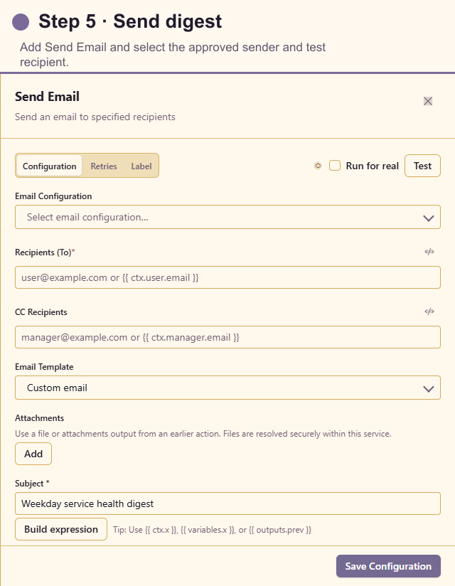 Send Email configuration for the scheduled digest