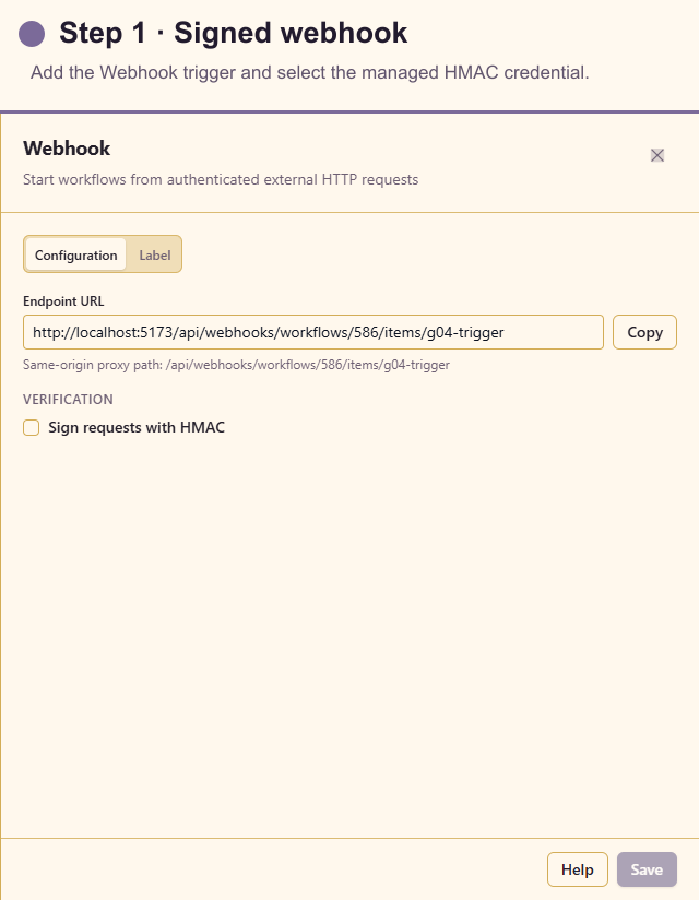 Webhook trigger configuration for signed order requests