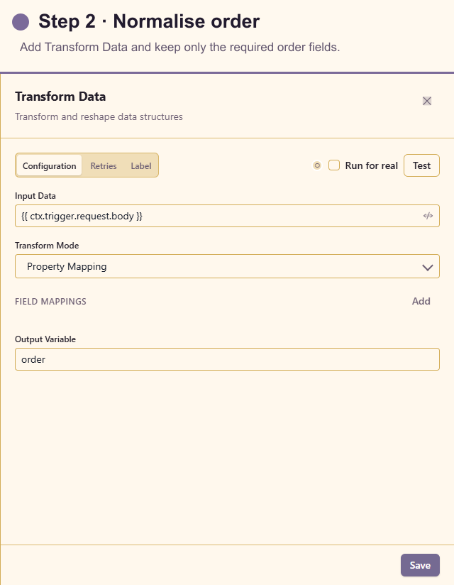 Transform Data configuration for normalising the order
