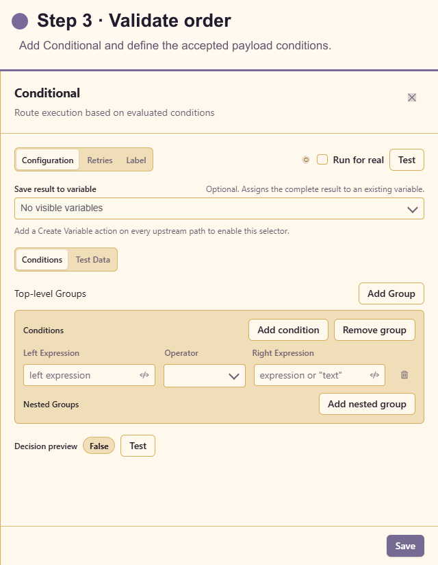 Conditional configuration for validating the order