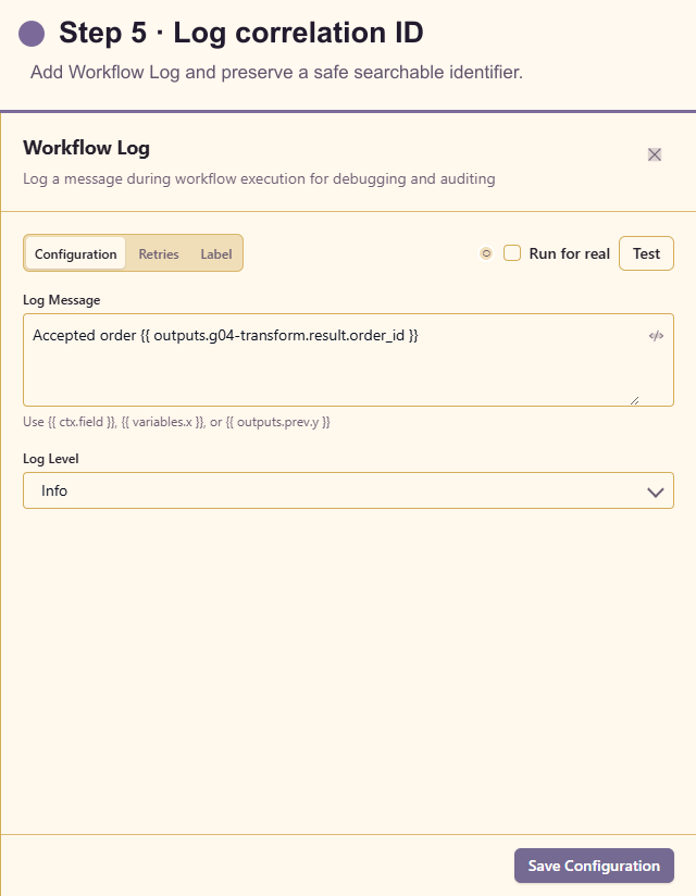 Workflow Log configuration for the order correlation ID