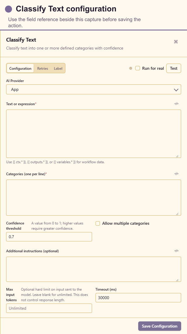 Classify Text configuration drawer