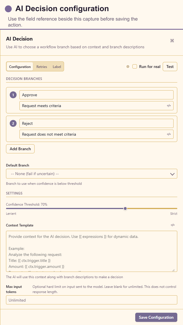 AI Decision configuration drawer