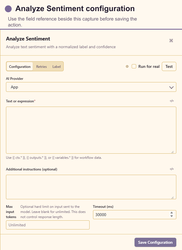 Analyze Sentiment configuration drawer