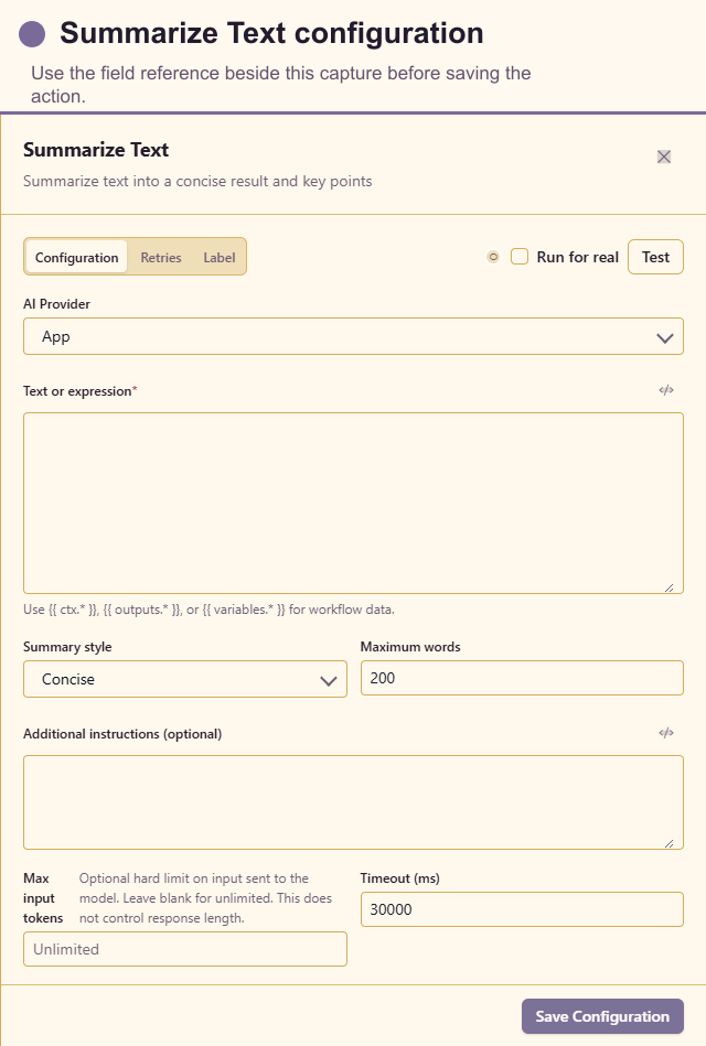 Summarize Text configuration drawer