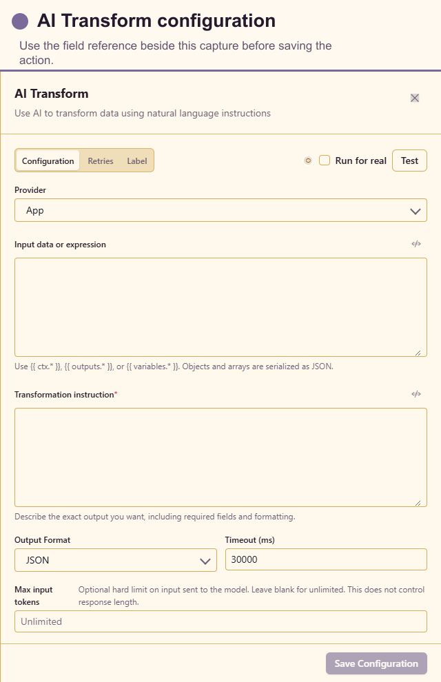 AI Transform configuration drawer