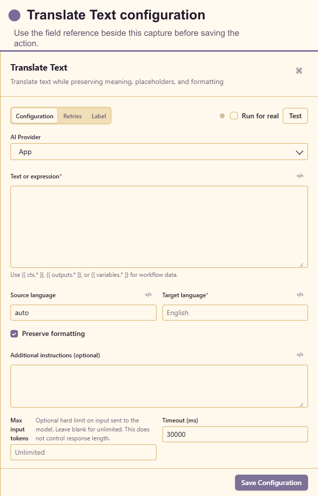 Translate Text configuration drawer
