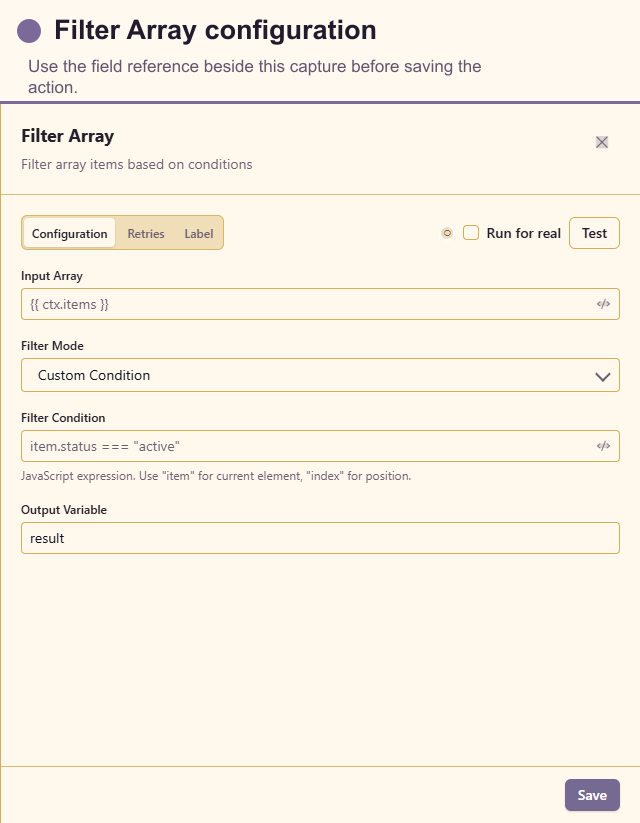 Filter Array configuration drawer