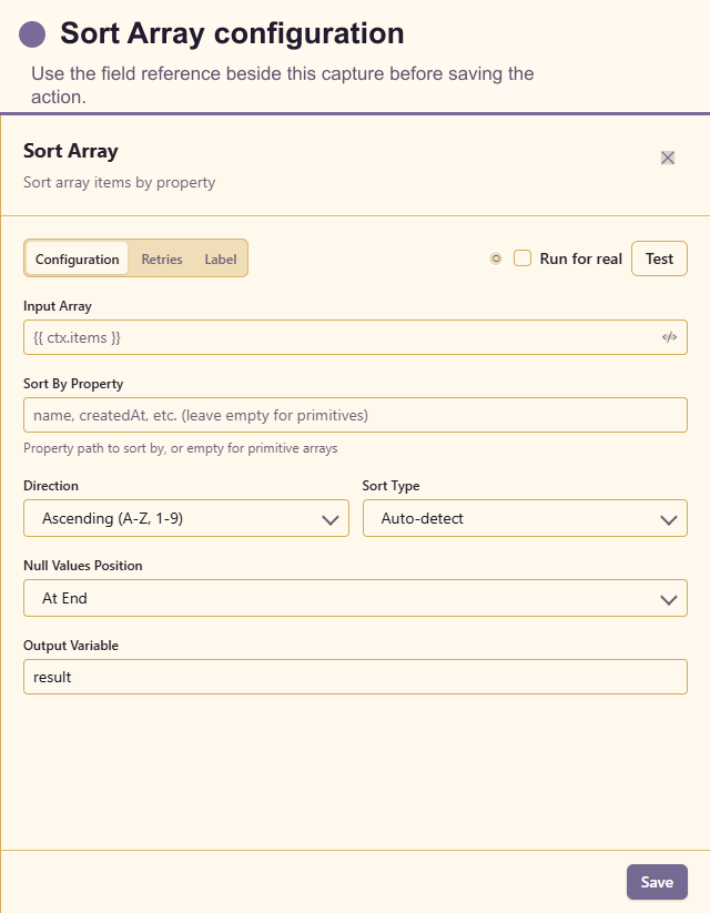 Sort Array configuration drawer