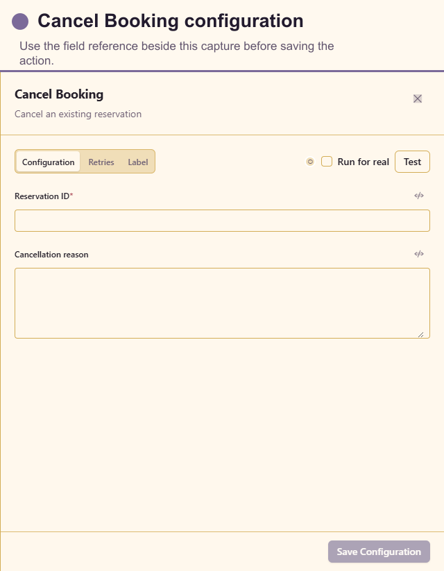 Cancel Booking configuration drawer