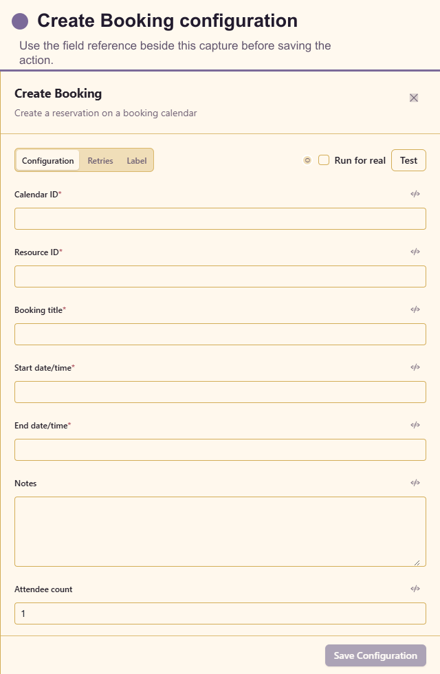 Create Booking configuration drawer