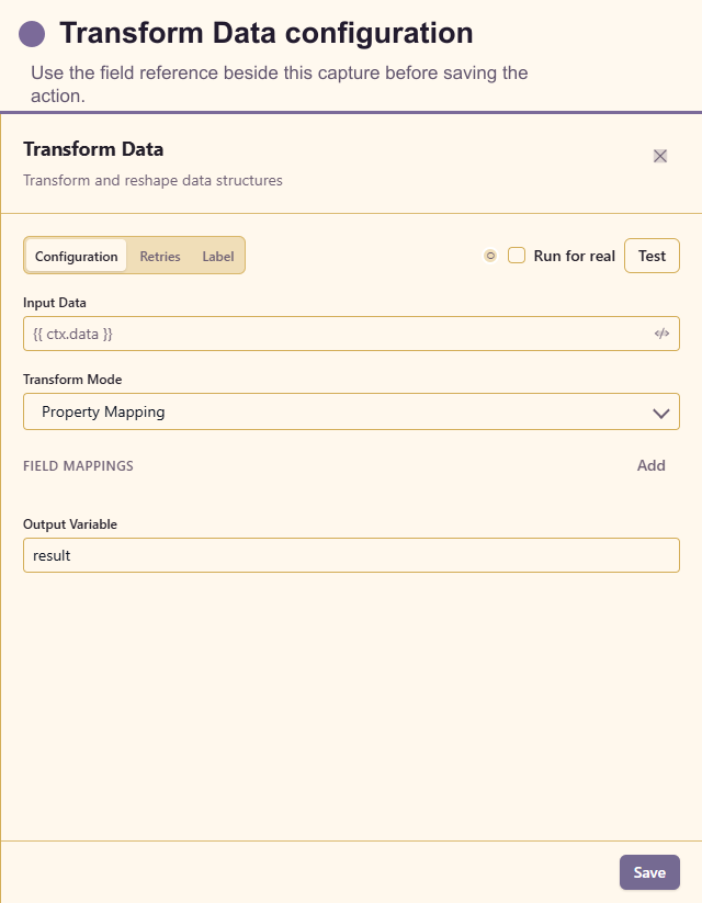 Transform Data configuration drawer