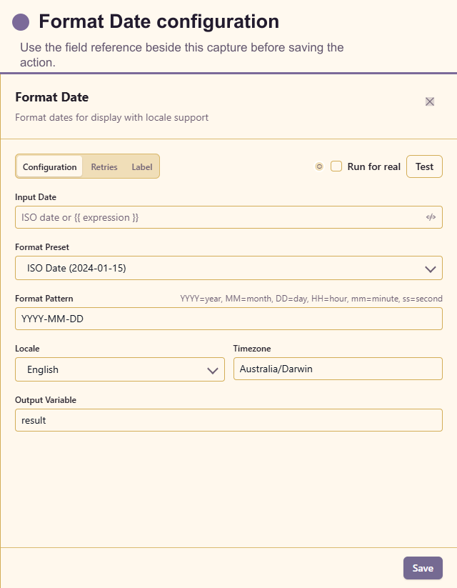 Format Date configuration drawer