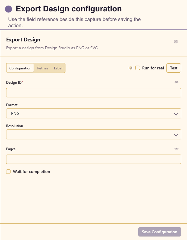 Export Design configuration drawer