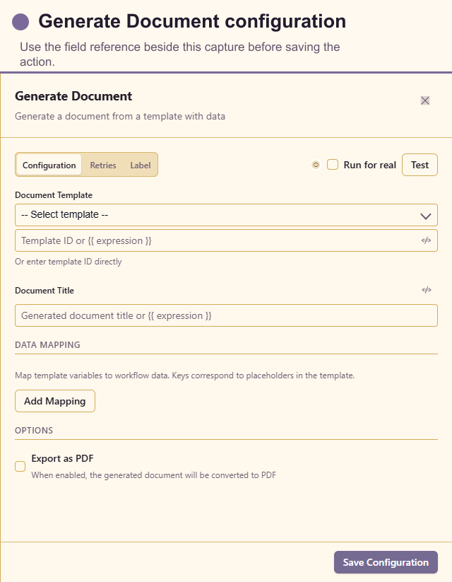 Generate Document configuration drawer