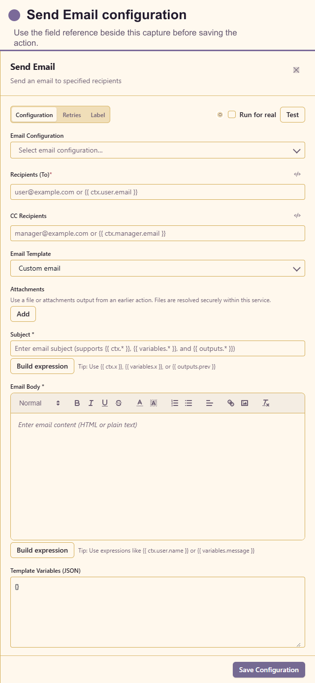Send Email configuration drawer