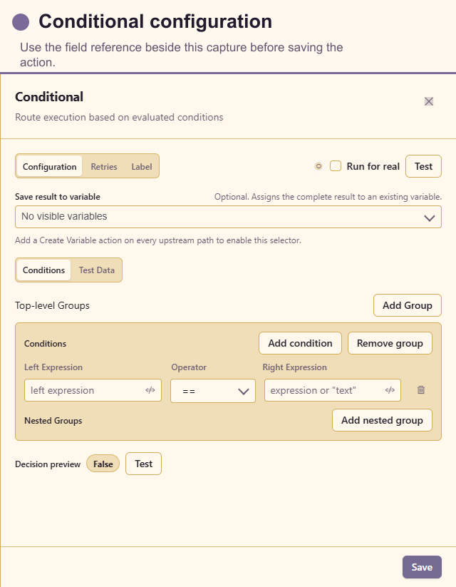 Conditional configuration drawer