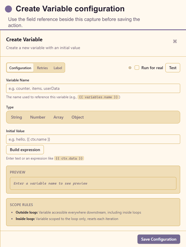 Create Variable configuration drawer