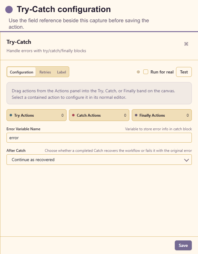 Try-Catch configuration drawer
