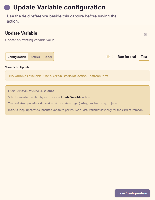 Update Variable configuration drawer