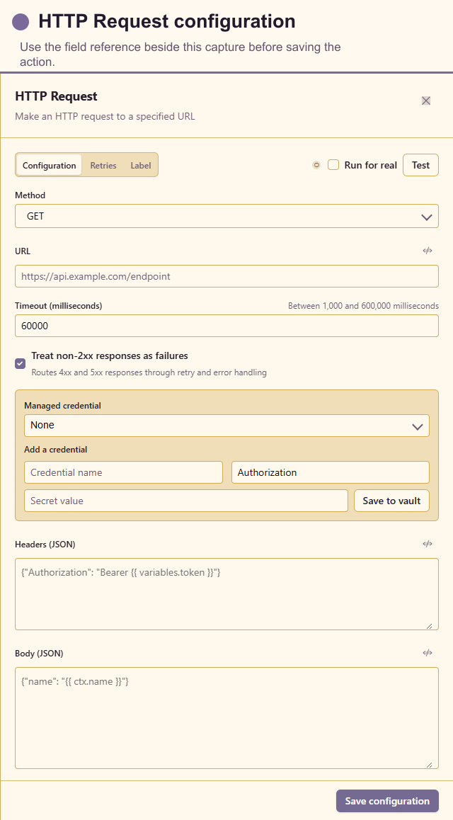 HTTP Request configuration drawer