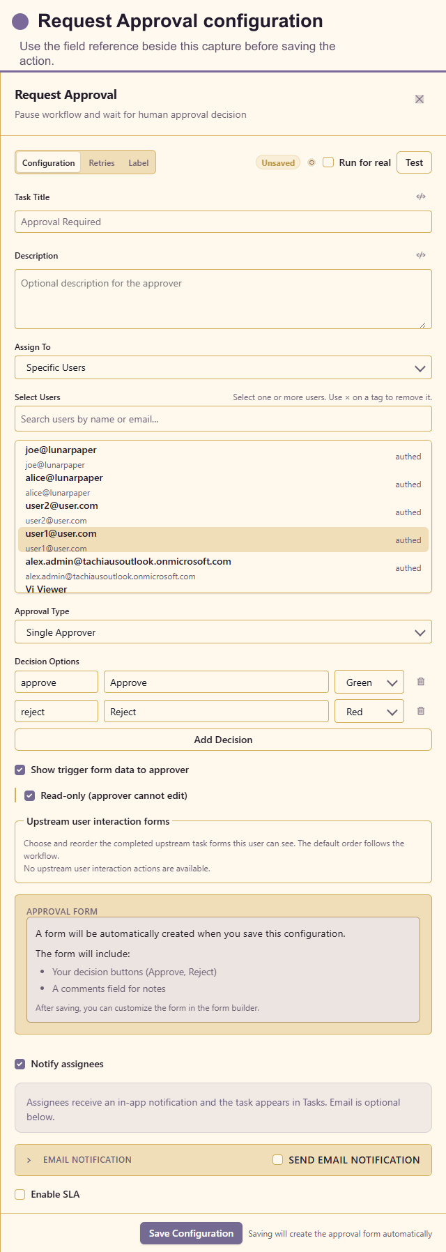 Request Approval configuration drawer