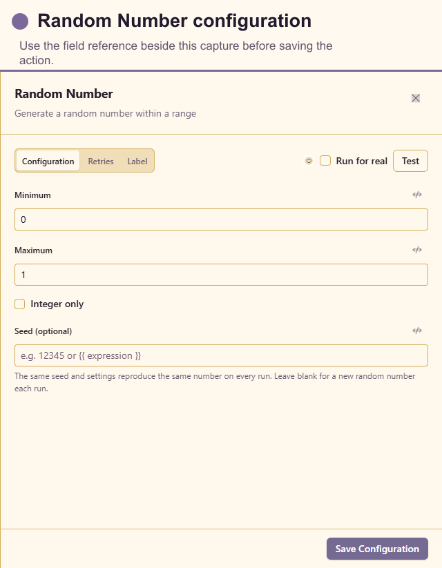 Random Number configuration drawer