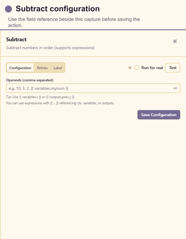 Subtract configuration drawer