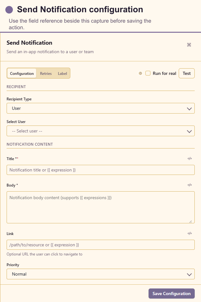 Send Notification configuration drawer