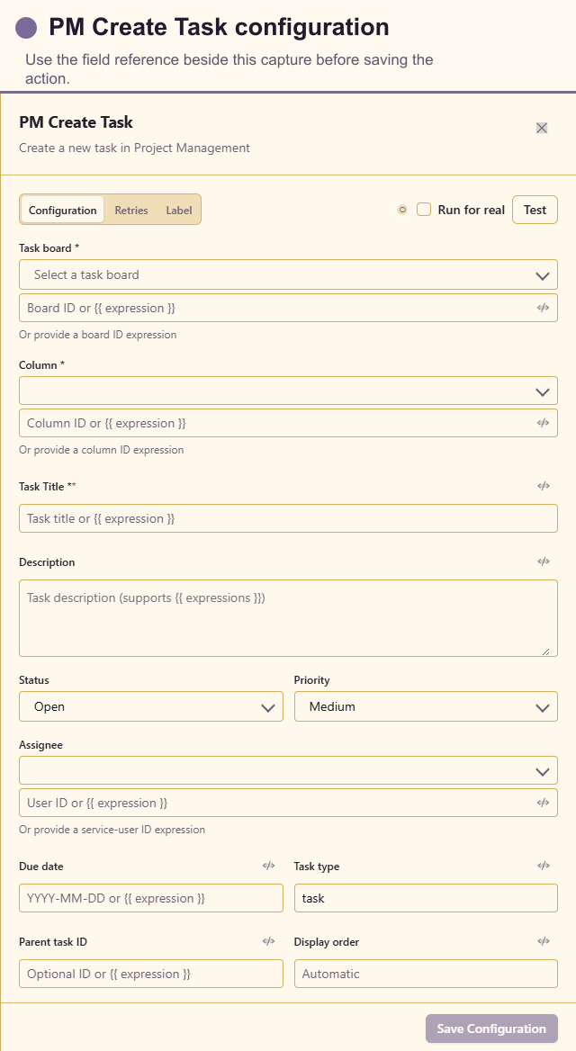 PM Create Task configuration drawer