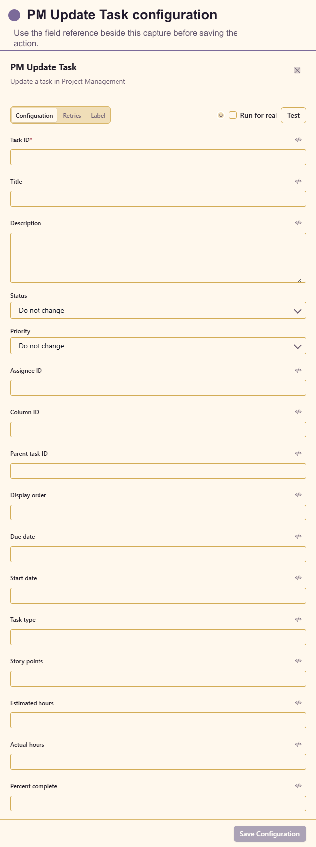 PM Update Task configuration drawer