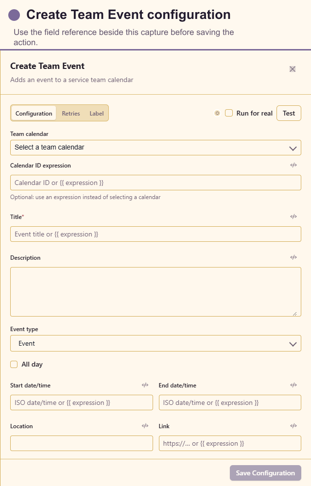Create Team Event configuration drawer